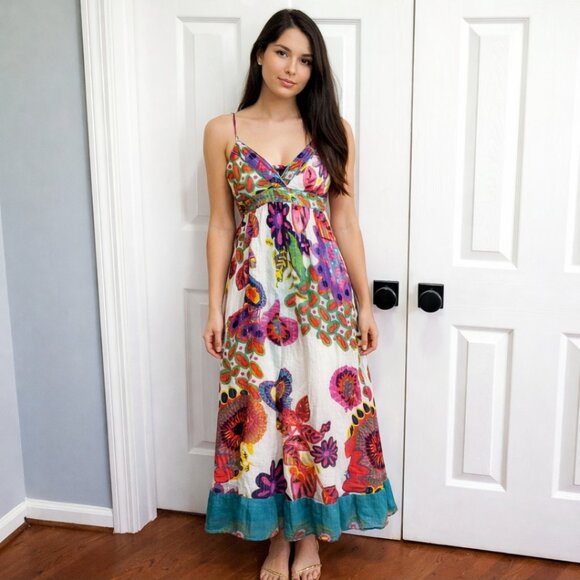 Apollo Boho Floral Maxi Dress Medium | Colorful Festival Resort Sundress - Picture 12 of 12
